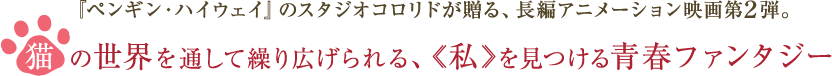 『ペンギン・ハイウェイ』のスタジオコロリドが贈る、長編アニメーション映画第２弾。 猫 の世界を通して繰り広げられる、私を見つける青春ファンタジー